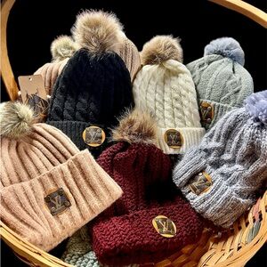 pom pom beanie, luxury emblem, winter hat, warm cozy, snow, trendy fashion ski